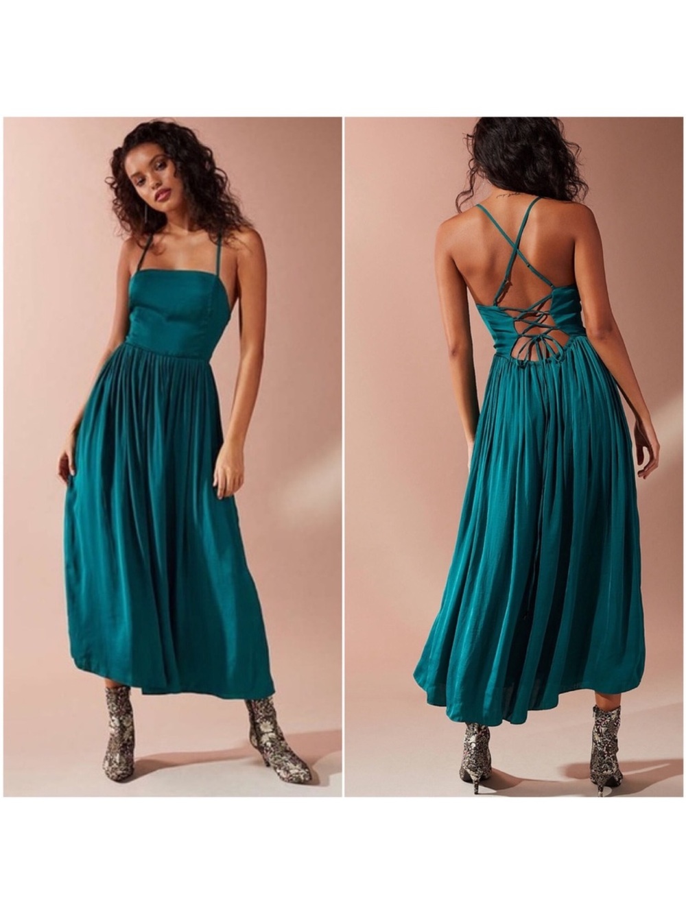 Urban Outfitters Morning Light Satin Emerald Green Midi Maxi Lace Back Dress XS